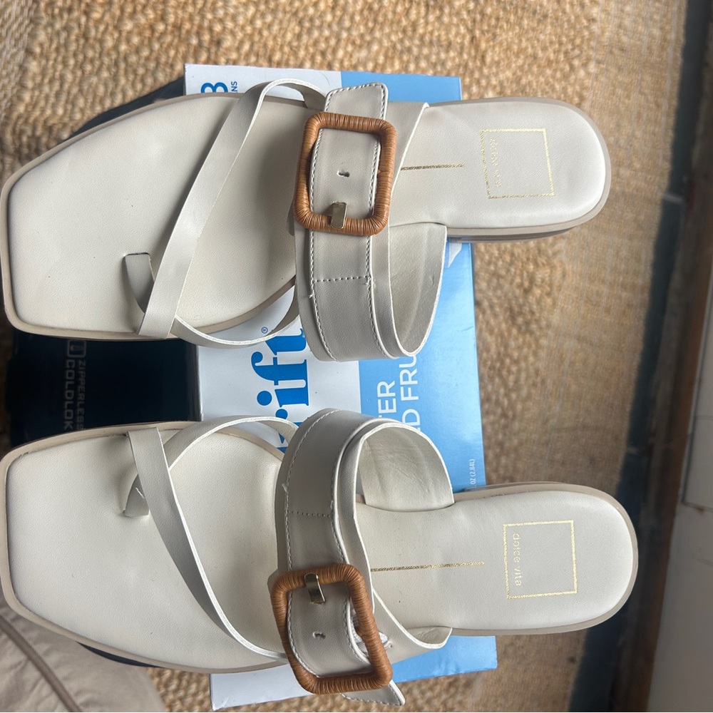 Dolce Vita Cream Sandals with Tan Buckles
